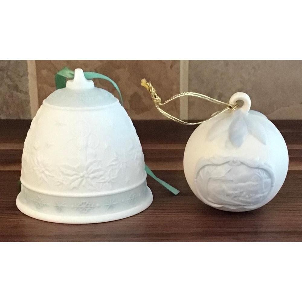 Lladro 1992 Christmas Bell and Winter Village Ball Ornament Set Cottagecore Luxe